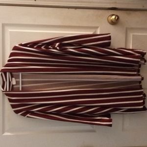 1 4 3story Women's size 2x burgundy red and white striped long sleeve cardigan.